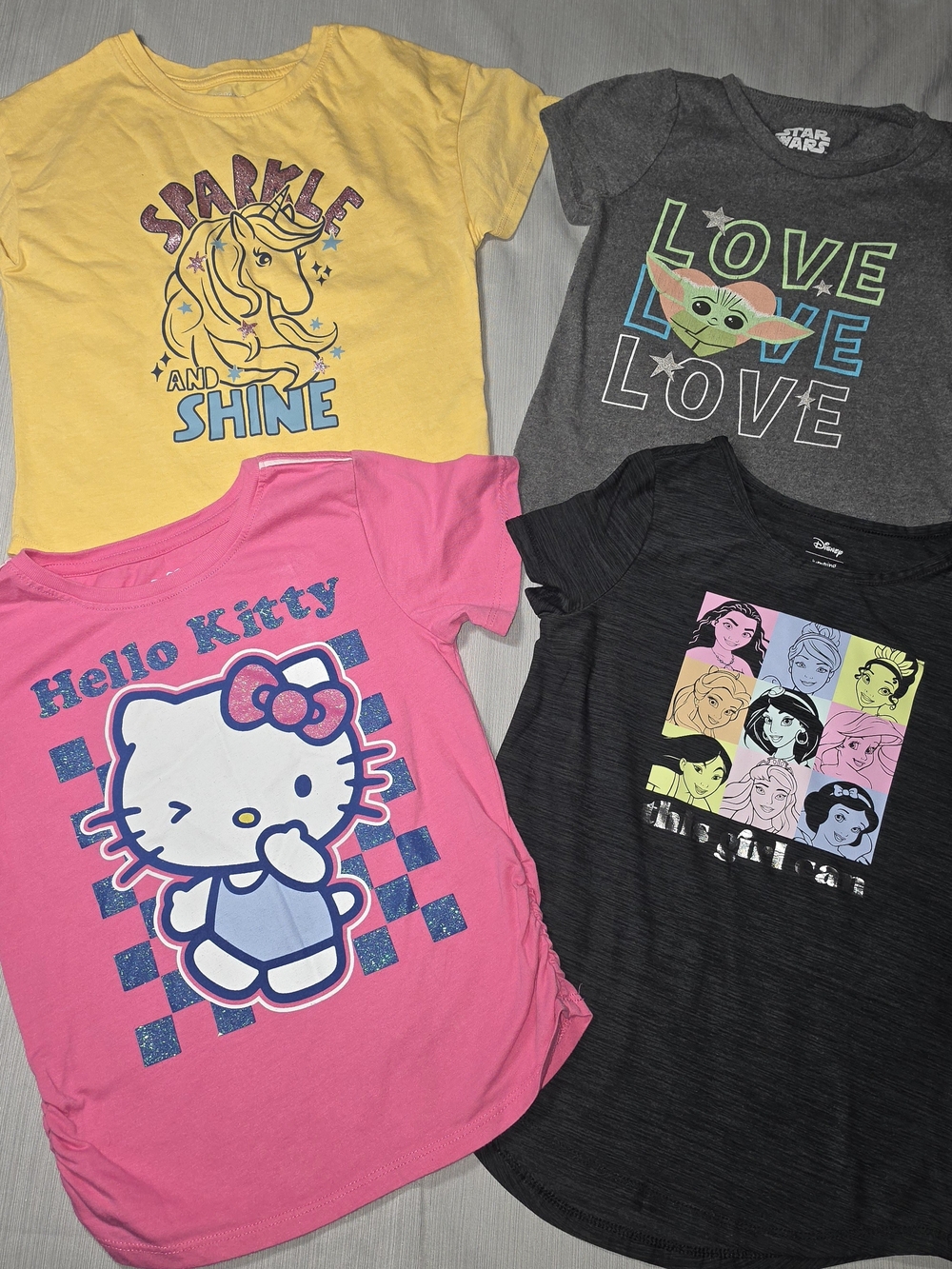 Disney Kids Yellow Unicorn "Sparkle and Shine" Tee + Assorted Character Tees Set
